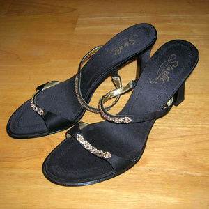 NOS Starlet Black Satin Leather Rhinestone Sandals